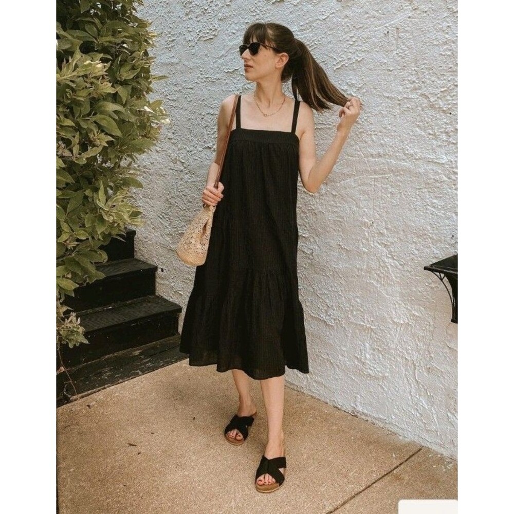 Jenni Kayne Seersucker Square Neck Midi Dress black Summer classic Quiet Luxury